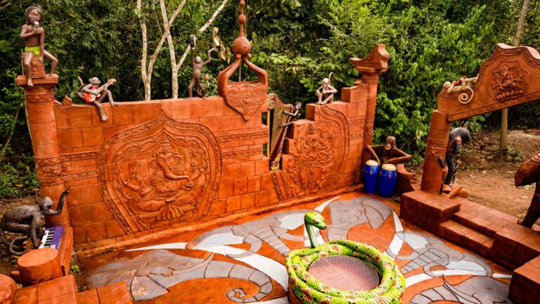 The Jungle book temple, a magical outside area with a fire-pit
